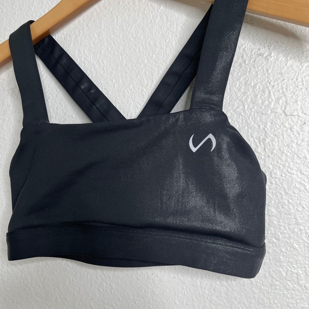 TLF Apparel Womens Black Metallic Foil Cross Back Sports Bra Size Small Gym Wear - Picture 2 of 4